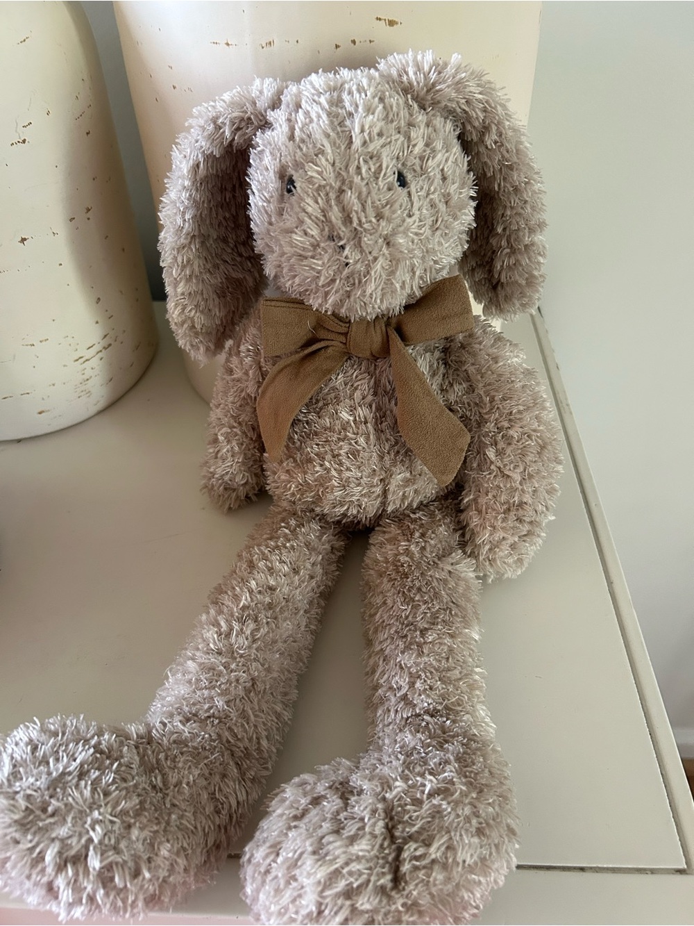 Plush Beige Bunny with Bow - Soft Floppy Ears